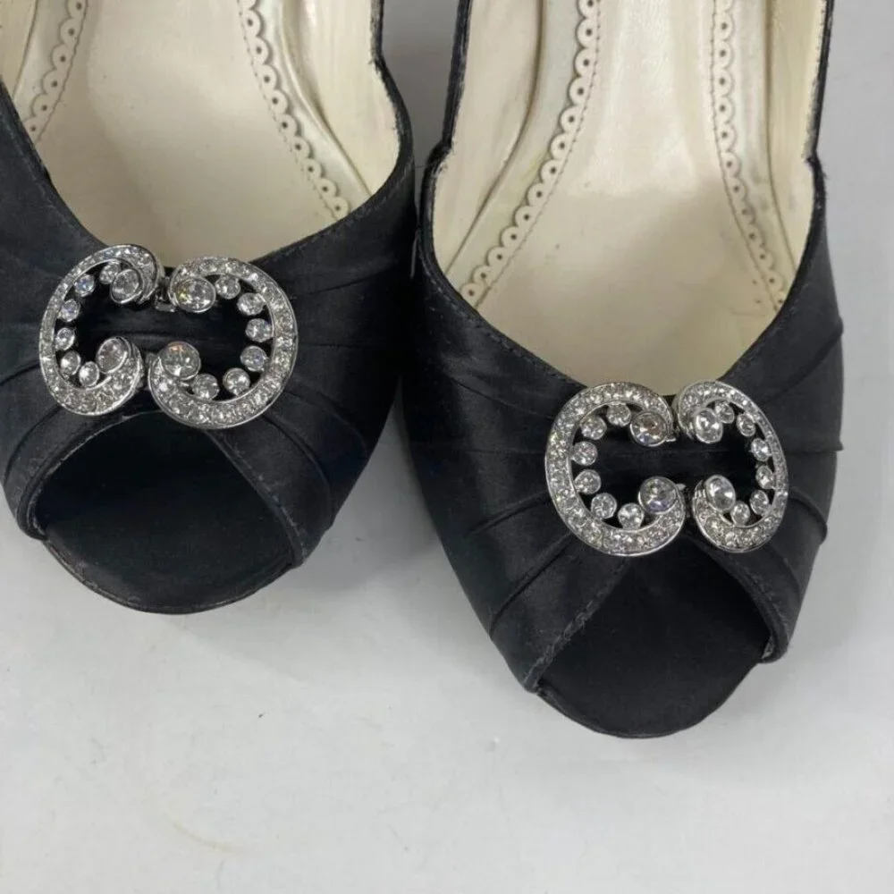 Benjamin Adams‎ Womens Peep Toe Pump Shoes Sz 9 Black Satin Rhinestone 3.5